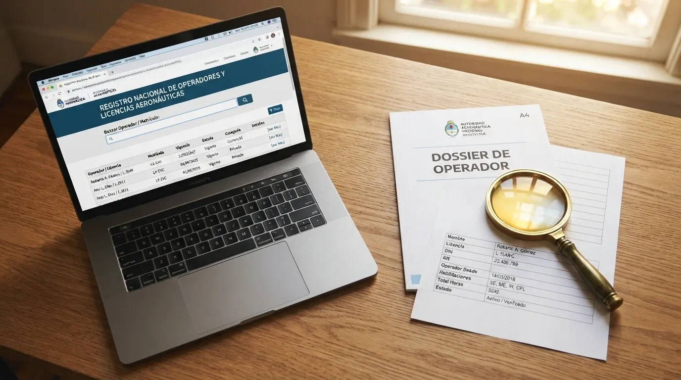 Escritorio con documentos oficiales: pantalla del registro de la DGOJ en ordenacionjuego.es, ficha de operador y una lupa sobre los criterios de evaluación