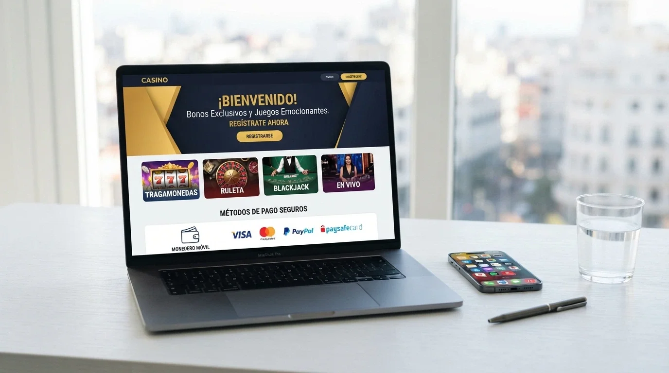 Interfaz moderna de un casino online de reciente lanzamiento con el logo de Apple Pay en los métodos de pago