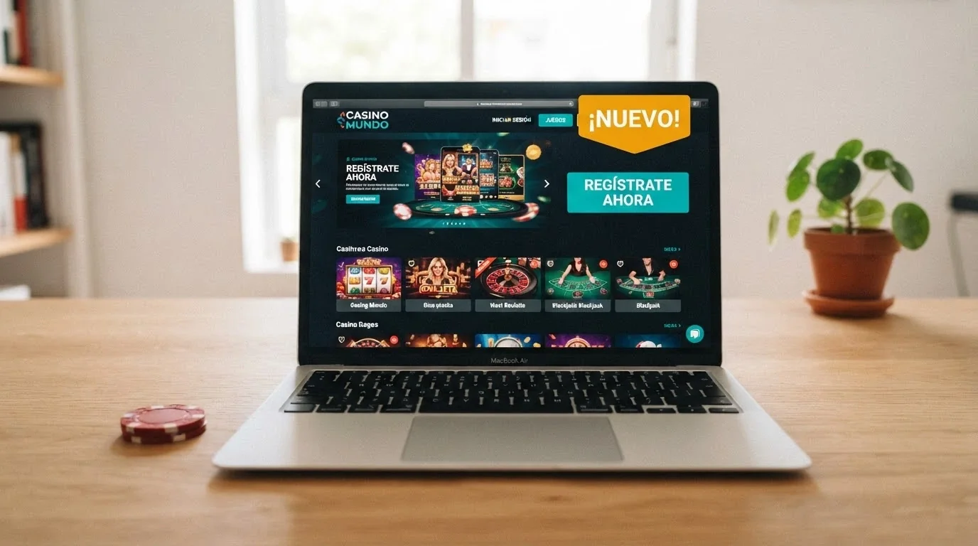 Interfaz de un casino online con diseño moderno y un cartel de «Nuevo» junto al botón de registro