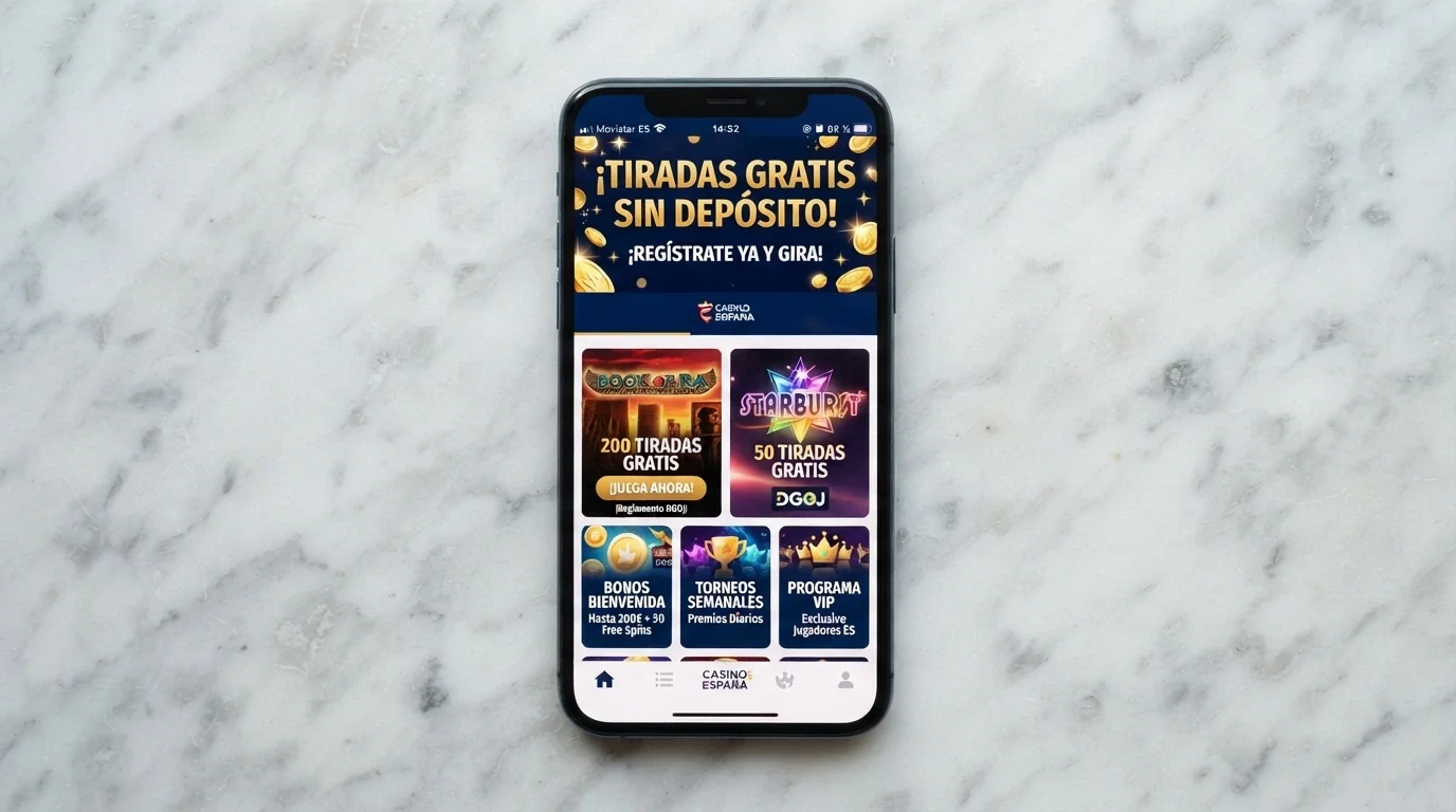Un móvil mostrando la pantalla de promociones de un casino online español con el texto «tiradas gratis sin depósito» destacado en un banner