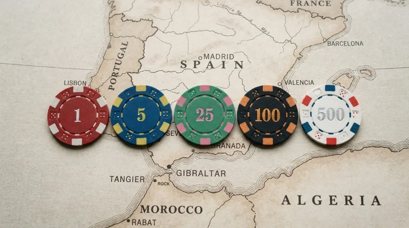 Una fila de fichas de casino con los logotipos de los principales operadores revisados, sobre un mapa estilizado de la península ibérica y Gibraltar