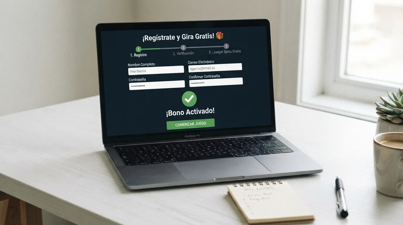 Una pantalla de ordenador mostrando un formulario de registro de casino online con un icono de verificación y la palabra «activado»