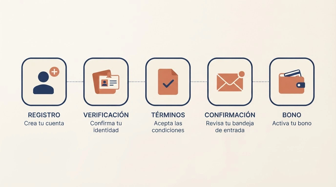 Secuencia de cinco iconos ordenados: registro, verificación de identidad, aceptación de condiciones, bandeja de entrada con notificación y saldo de bono activado