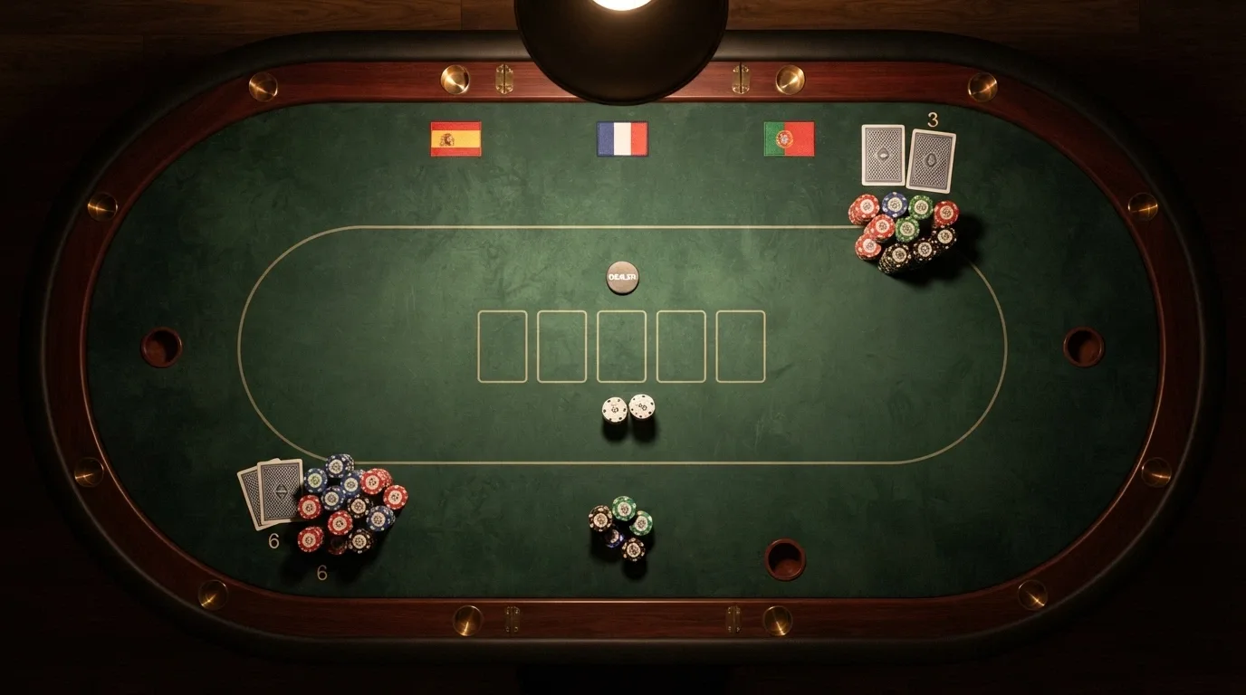 Vista cenital de una mesa de póker con fichas y cartas, con las banderas de España, Francia y Portugal visibles en el tapete
