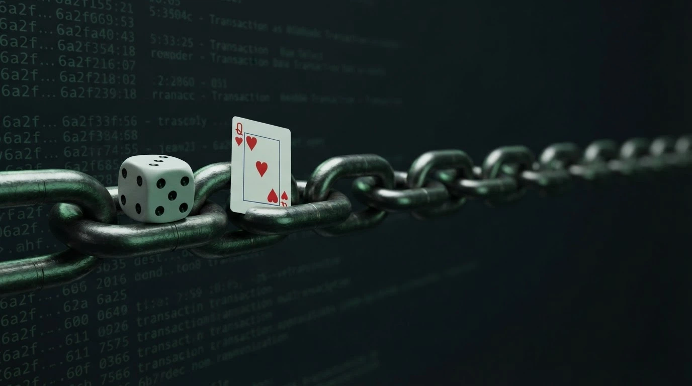 Cadena de bloques con un dado y una carta de póker en cada eslabón, sobre un fondo oscuro con líneas de código