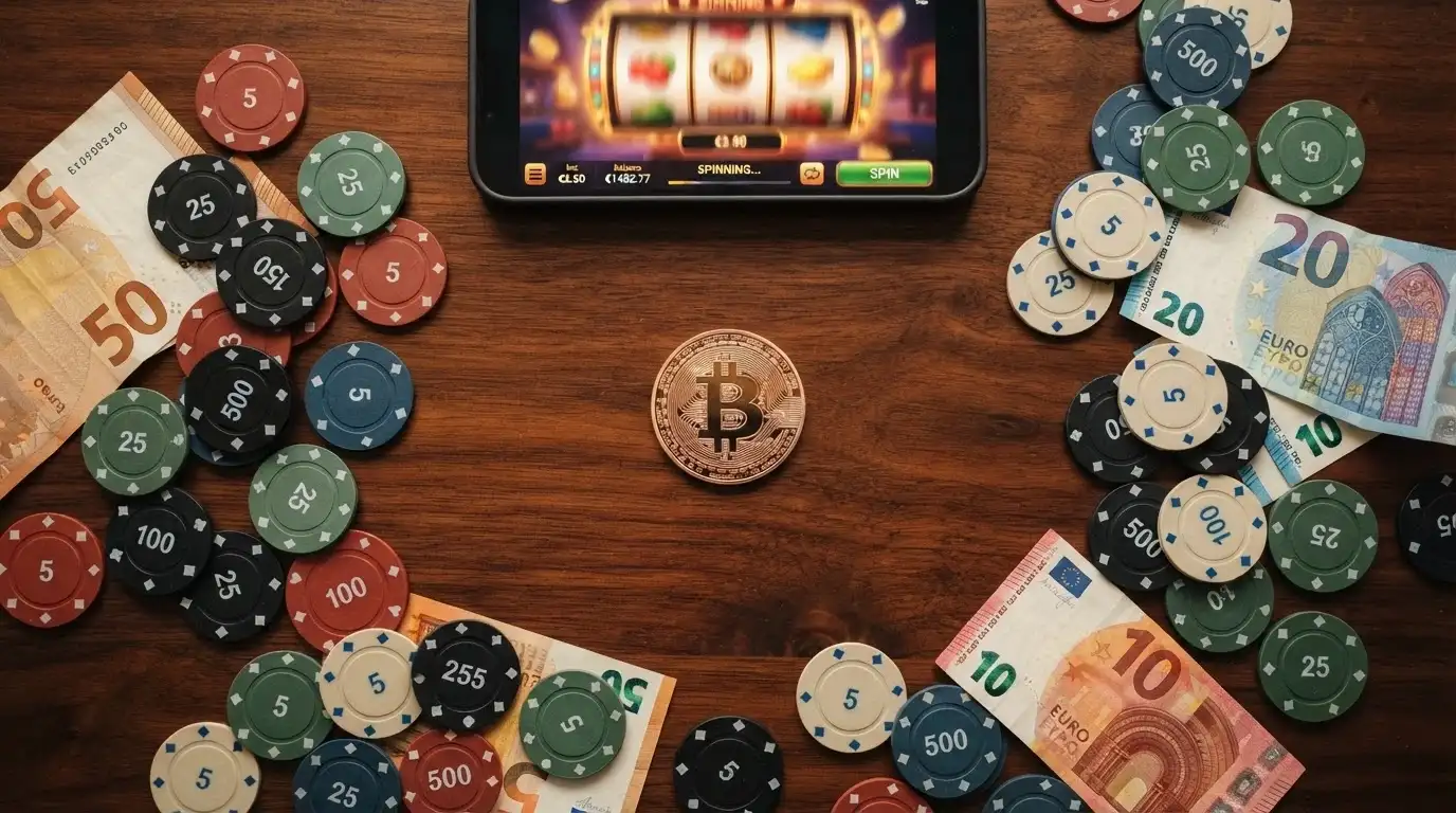 Comparativa visual de fichas de casino junto a billetes de euro y el símbolo de Bitcoin, sobre un fondo de pantalla con interfaz de juego