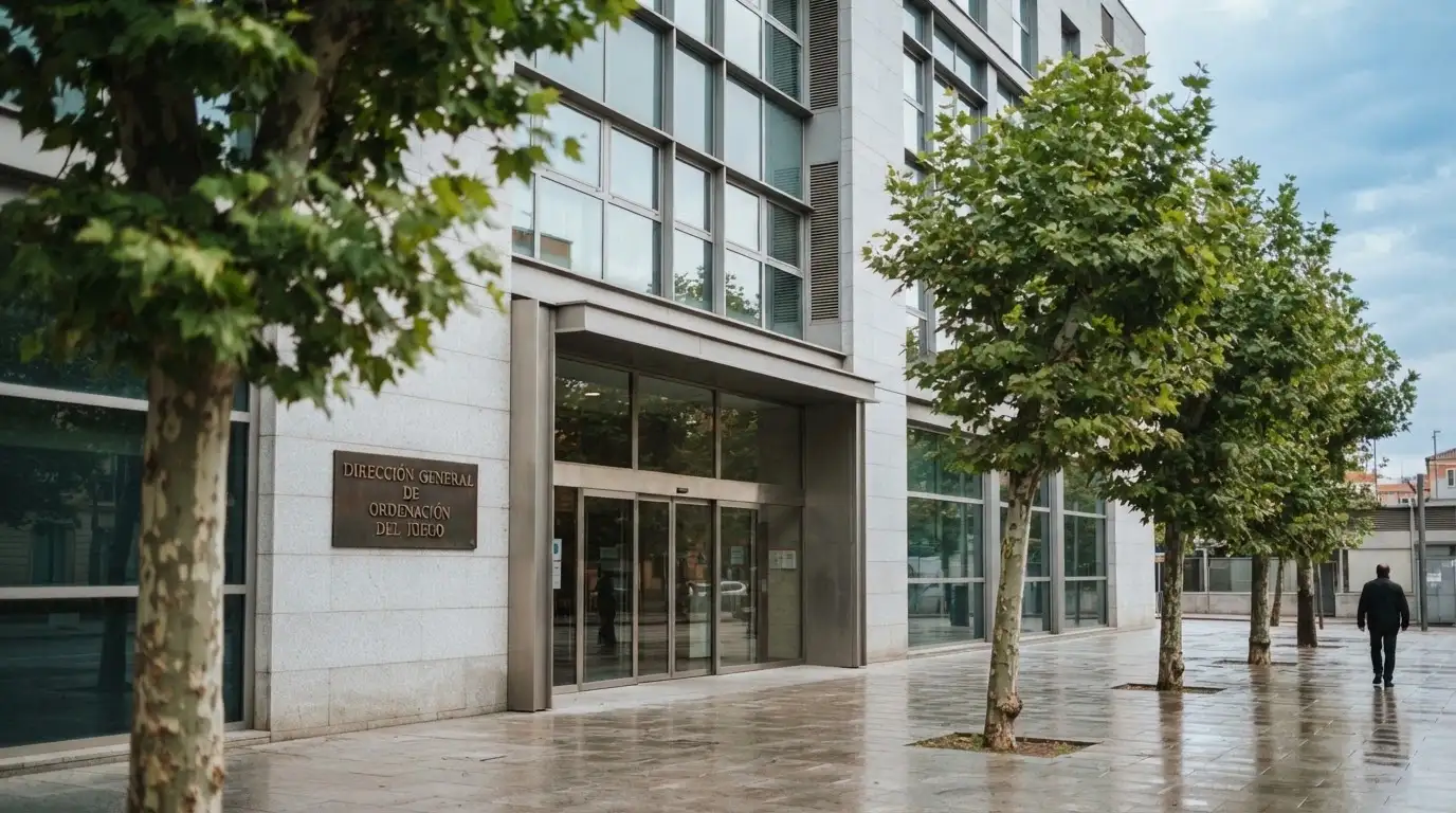 El edificio de la DGOJ junto a un documento oficial con el sello del BOE y el texto «Real Decreto 958/2020» visible.