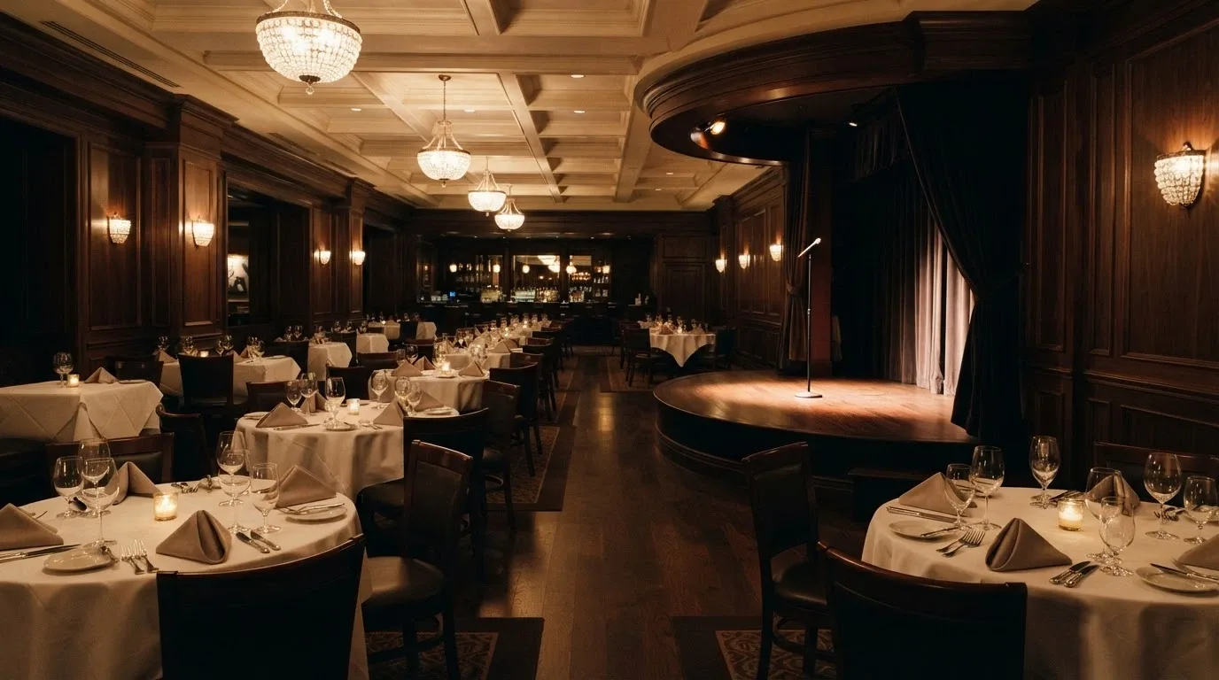 Salón del restaurante del Casino Barcelona con mesas vestidas y un escenario con micrófono al fondo