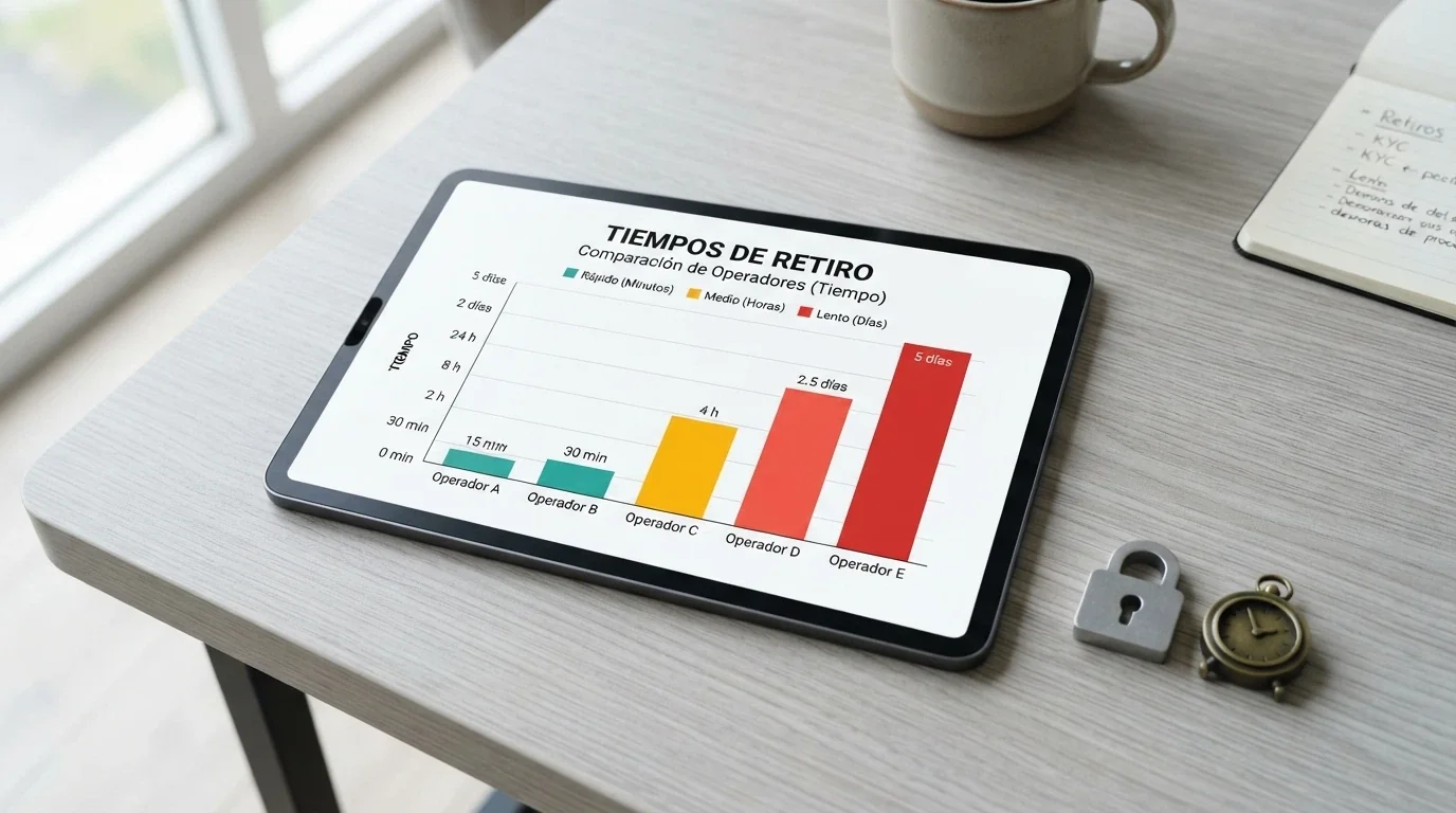Gráfico de barras comparando tiempos de retiro por operador junto a iconos de candado (KYC) y reloj (plazos)