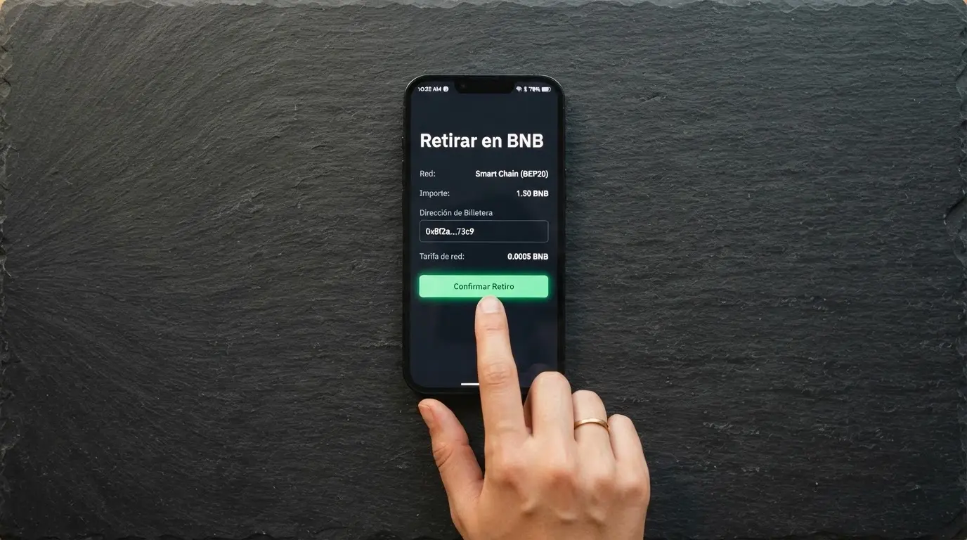 Teléfono móvil mostrando la pantalla de retiro de un casino con el campo «Retirar en BNB», una dirección de wallet y el botón de confirmación