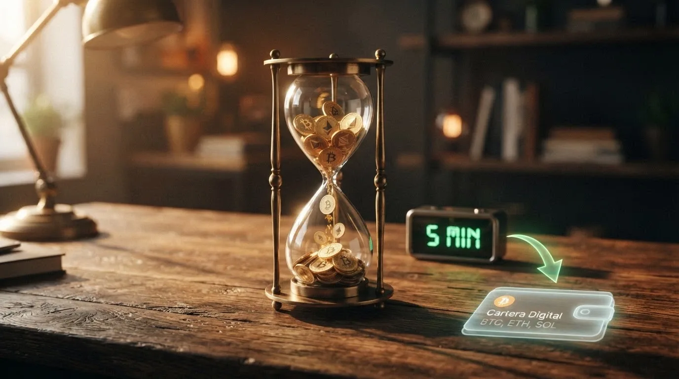 Un reloj de arena con monedas de Bitcoin y Ethereum cayendo, el temporizador marca «<5 min» y una flecha verde apunta hacia un monedero digital