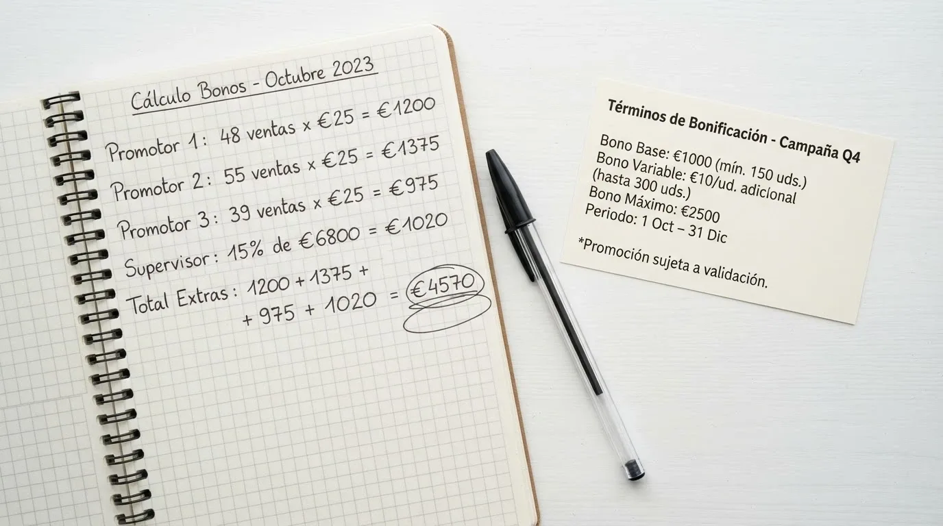 Primer plano de una calculadora sobre una mesa junto a una tarjeta con los términos de un bono de casino y un bolígrafo