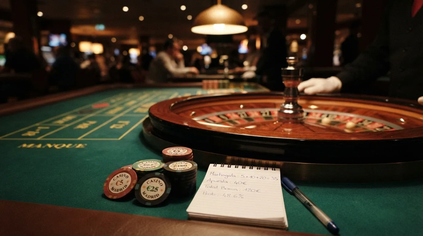 Primer plano de una ruleta de casino con fichas apiladas junto a una calculadora, ilustrando el volumen de apuestas necesario para liberar un bono