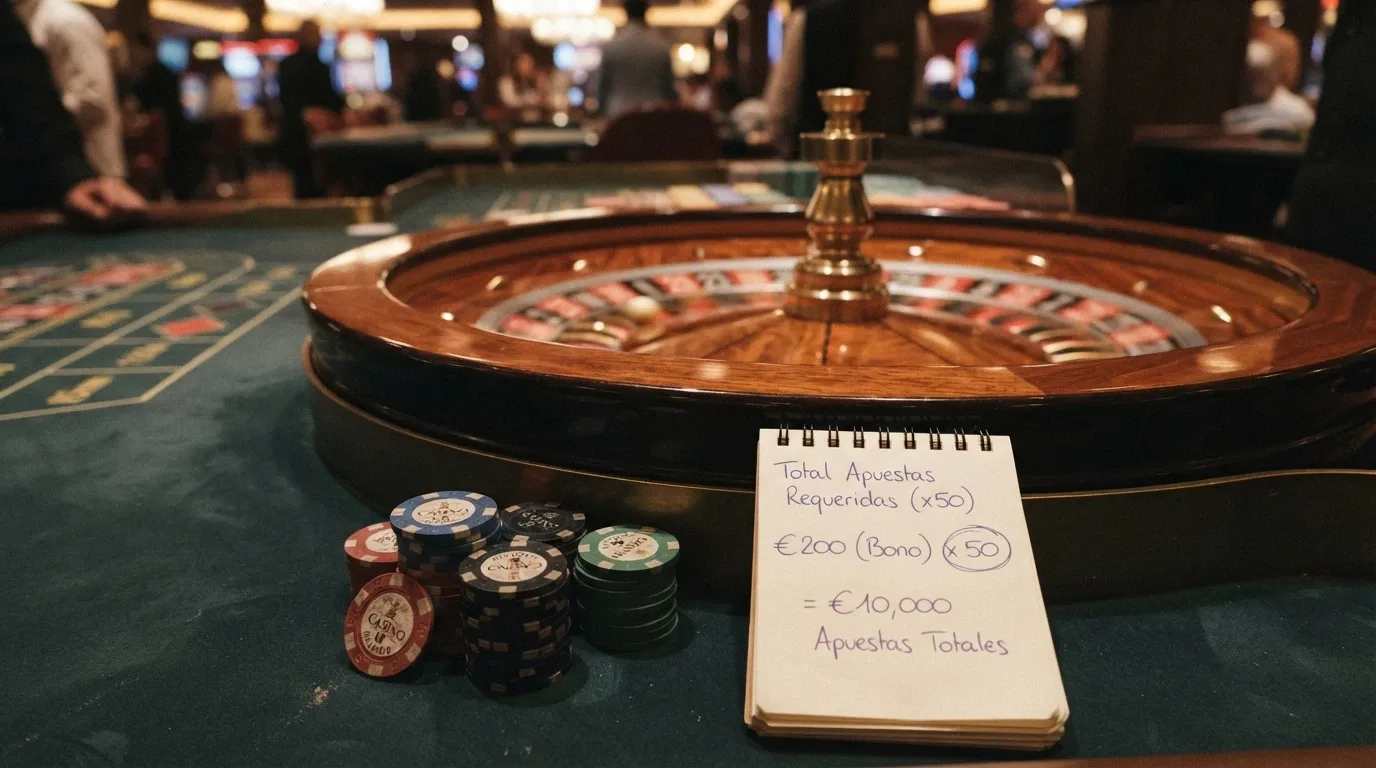 Primer plano de una ruleta de casino con fichas, superpuesto un contador que marca x50 y una calculadora