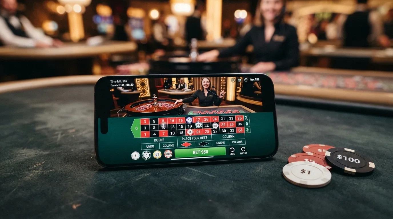 Teléfono en horizontal mostrando una mesa de ruleta en vivo con un crupier real repartiendo, la interfaz de apuestas superpuesta en la pantalla