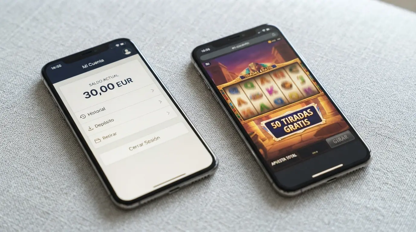 Dos pantallas de móvil una al lado de la otra: en la izquierda un saldo de casino de 30 euros, en la derecha una pantalla de slot con 50 tiradas gratuitas activas