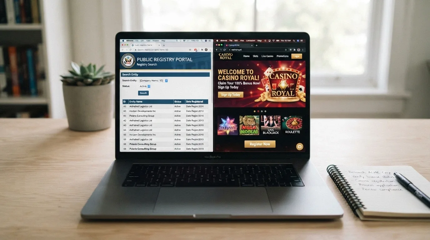 Un portátil con la pantalla dividida: a un lado el registro público de la DGOJ en ordenacionjuego.es, al otro la página de inicio de un casino con licencia .es visible