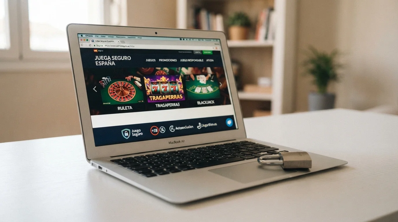 Primer plano de un documento oficial con el escudo de la DGOJ visible, junto a una pantalla que muestra el dominio .es de un casino y un candado de seguridad