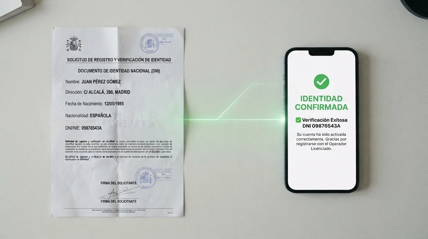 Pantalla dividida: a la izquierda un DNI español, a la derecha una interfaz de verificación con el texto «identidad confirmada» y el emblema de la DGOJ