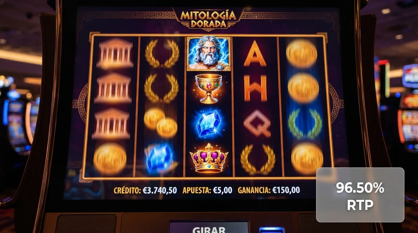 Pantalla de una tragaperras online con la cuadrícula de Gates of Olympus iluminada, columnas con símbolos mitológicos y el marcador RTP visible en una esquina