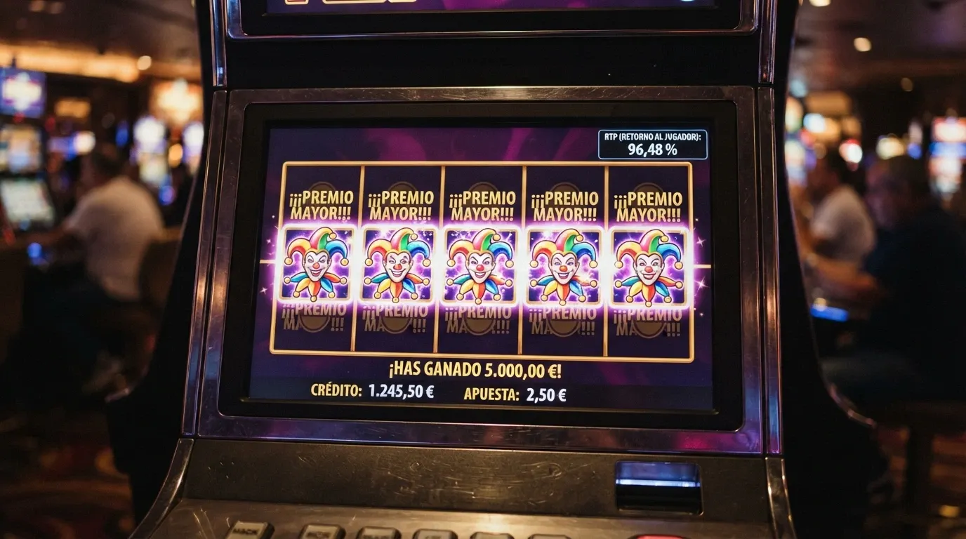 Primer plano de la ficha técnica de Joker Bombs: los carretes detenidos en una combinación ganadora de cinco símbolos iguales, con el panel de RTP (96,48 %) destacado en la esquina superior derecha