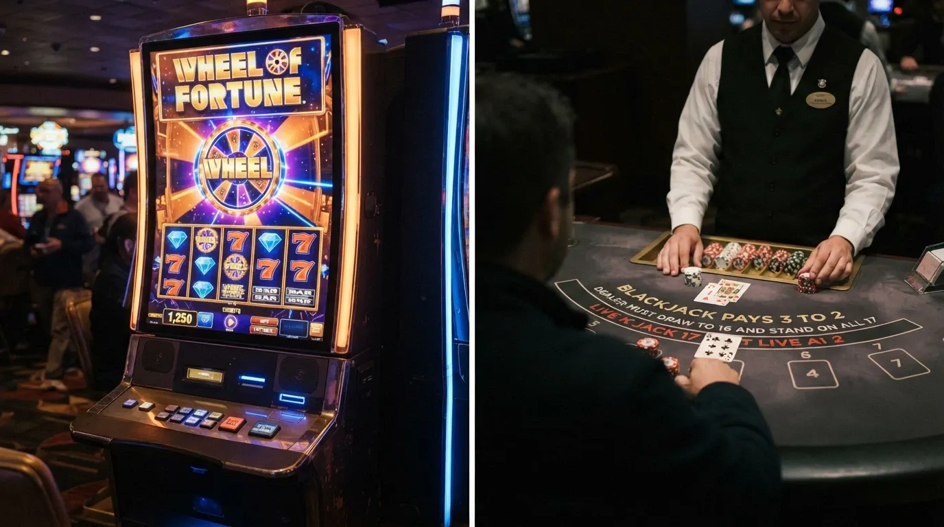 Pantalla dividida con una slot online colorida a la izquierda y una mesa de blackjack en vivo atenuada a la derecha, señalando qué juegos contribuyen al rollover