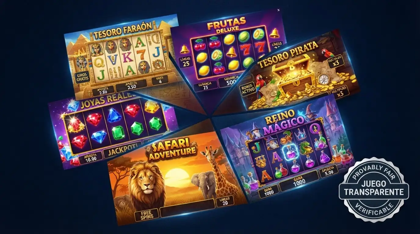 Collage de portadas de tragaperras populares junto al sello Provably Fair y logos de proveedores como Evolution y Pragmatic Play