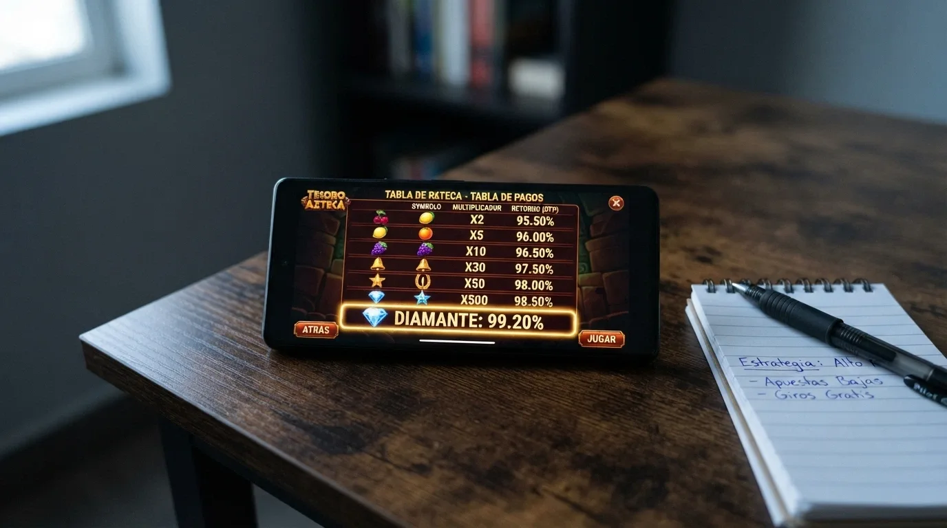 Interfaz de juego de una tragaperras de alto RTP en pantalla de teléfono, con la tabla de pagos visible