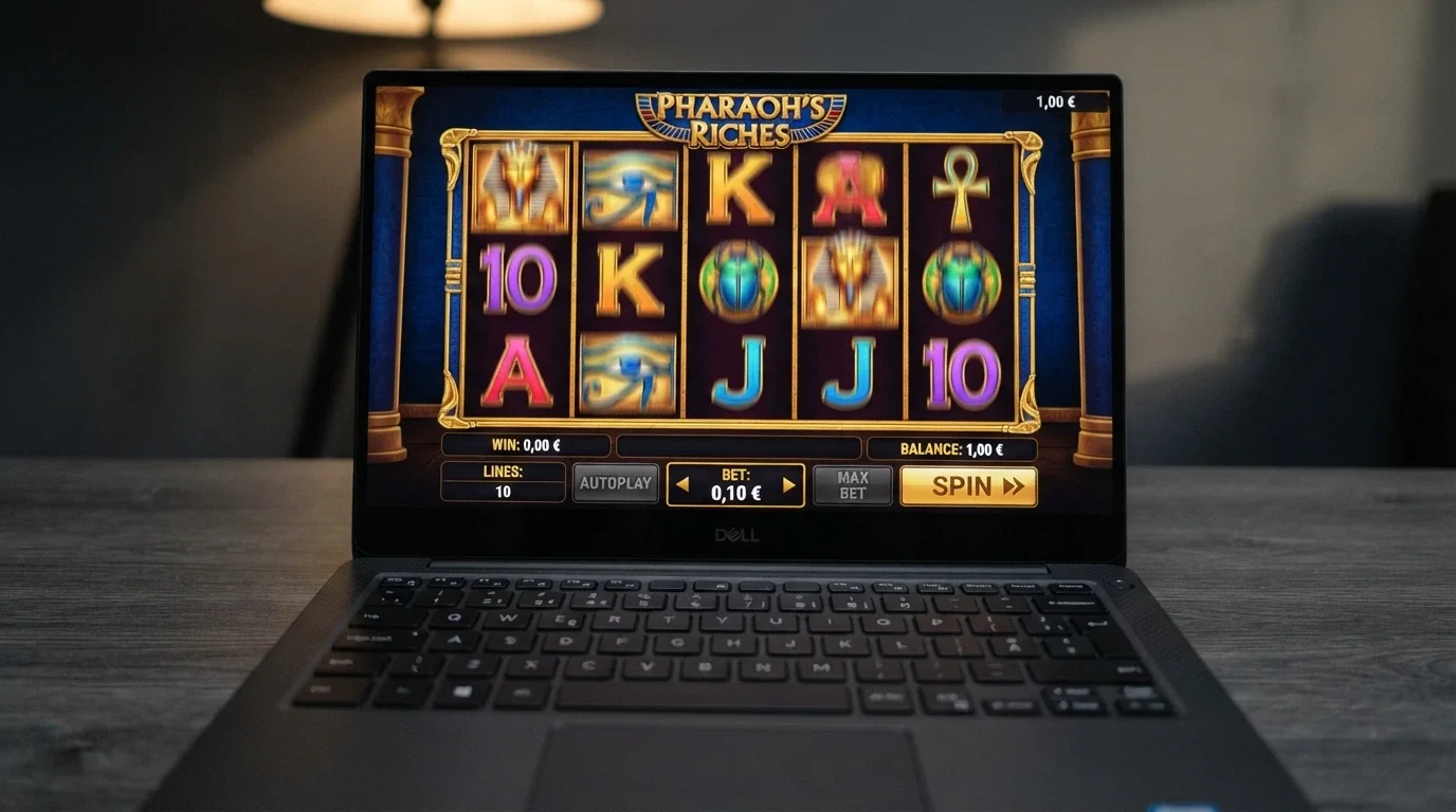 Captura de una slot online con la interfaz de apuesta mostrando el ajuste de 0,10€ por giro y el saldo de 1€ en la esquina superior.
