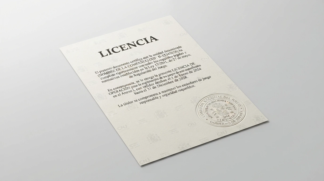 Un documento oficial con sellos y la palabra «Licencia» visible, junto al logo de la DGOJ y una marca de agua con la bandera de España