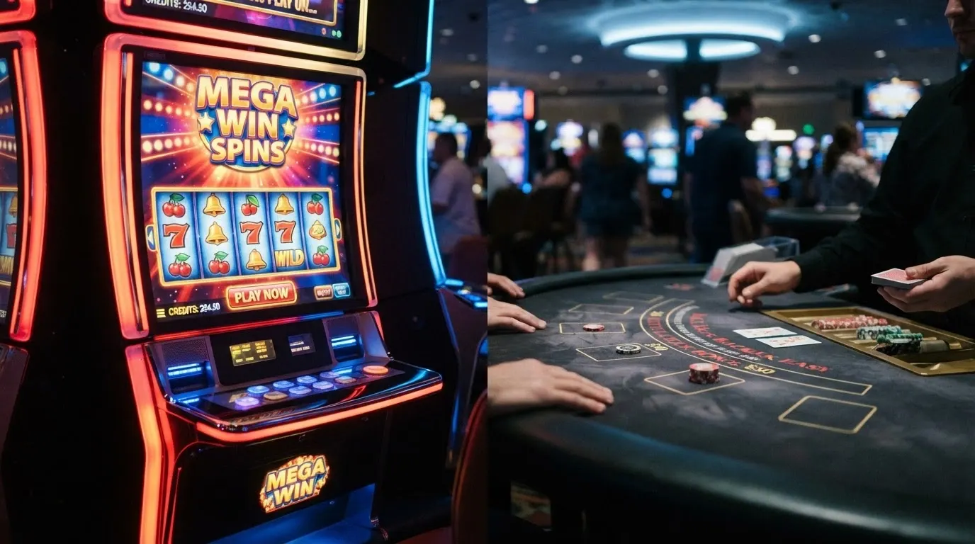 Una pantalla dividida: a la izquierda, slots de colores brillantes con un check verde; a la derecha, una mesa de ruleta y otra de blackjack con una cruz roja