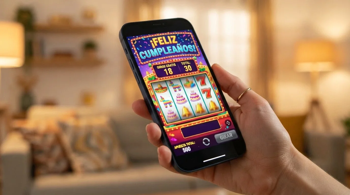 Primer plano de una pantalla mostrando los carretes de una tragaperras con el mensaje «Feliz cumpleaños» superpuesto y el contador de tiradas gratis activo
