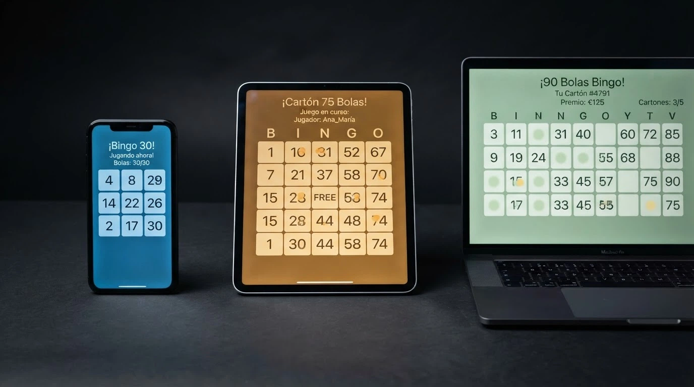 Tres pantallas de video bingo mostrando formatos de 30, 75 y 90 bolas en un casino español