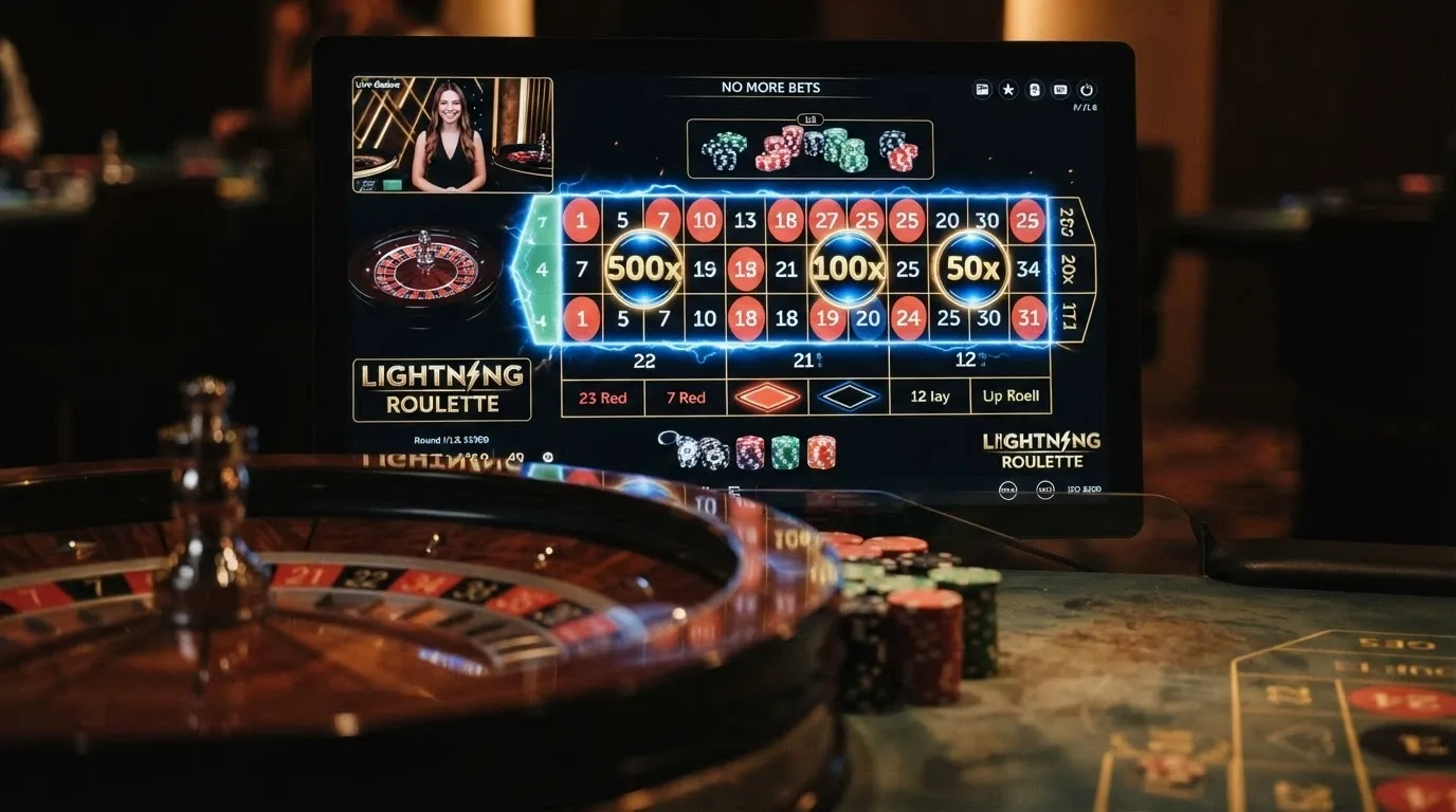 Primer plano de una pantalla que muestra los multiplicadores Lightning activos durante una ronda, con el tapete de ruleta y las fichas en primer término