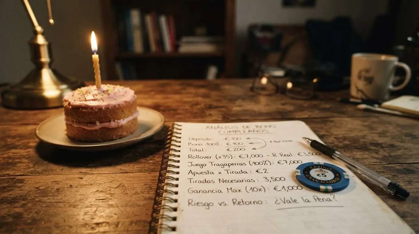 Una calculadora junto a una pequeña tarta de cumpleaños con una vela, una ficha de casino y una libreta con anotaciones a mano de cifras de rollover y ganancia máxima