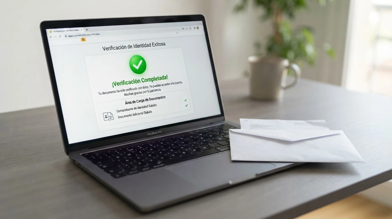 Pantalla de ordenador mostrando el proceso de verificación de cuenta de un casino online con un DNI español junto al teclado y un icono de verificación completada en verde